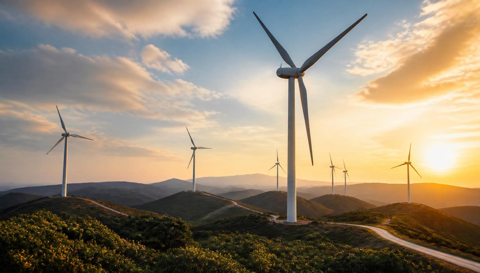 A wind turbine energy system on rolling hills at sunset